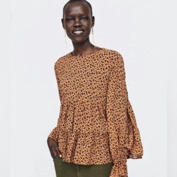 Zara Blouse Tiered Animal Print Long Sleeve Gauze Crepe Lightweight Neutral Sz M - Picture 6 of 16